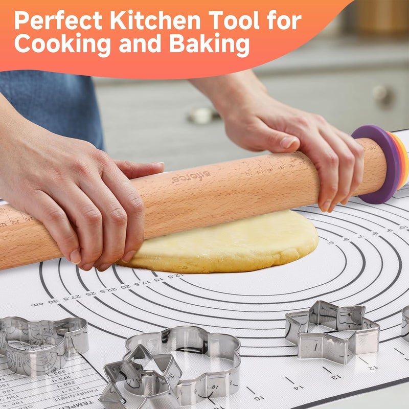 Olforce Wooden Rolling Pin with Thickness Rings and Pastry Baking Mat, Pizza, Cookie, Bread, Pie Crusts,Roller Rod for Dough Thickness, 13.6" with 4 Multicolored Thickness Rings&Cookie Molds - Image 2